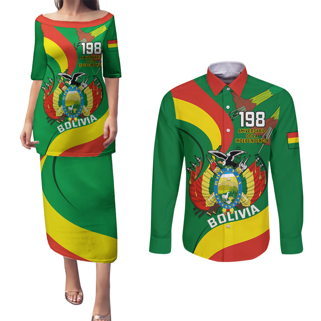 Personalised Bolivia Couples Matching Puletasi Dress and Long Sleeve Button Shirts Bolivian Kantuta Happy 198th Independence Day - Wonder Print Shop