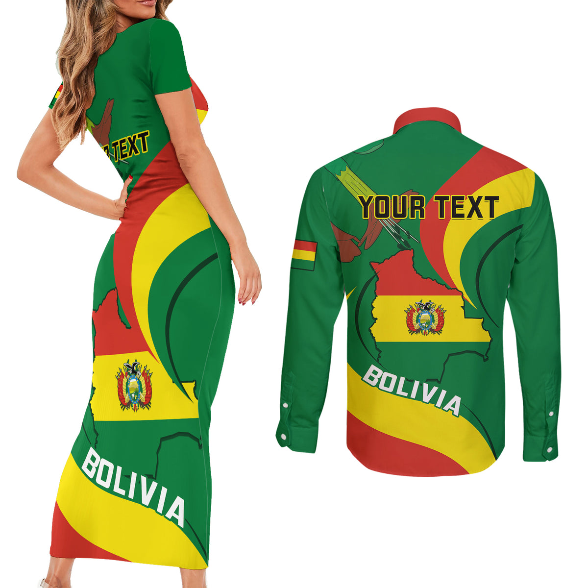 Personalised Bolivia Couples Matching Short Sleeve Bodycon Dress and Long Sleeve Button Shirts Bolivian Kantuta Happy 198th Independence Day - Wonder Print Shop