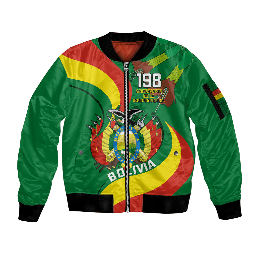 Personalised Bolivia Sleeve Zip Bomber Jacket Bolivian Kantuta Happy 198th Independence Day - Wonder Print Shop