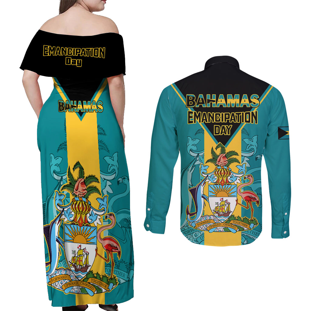 Bahamas Couples Matching Off Shoulder Maxi Dress and Long Sleeve Button Shirts Happy Bahamian Emancipation Day - Wonder Print Shop