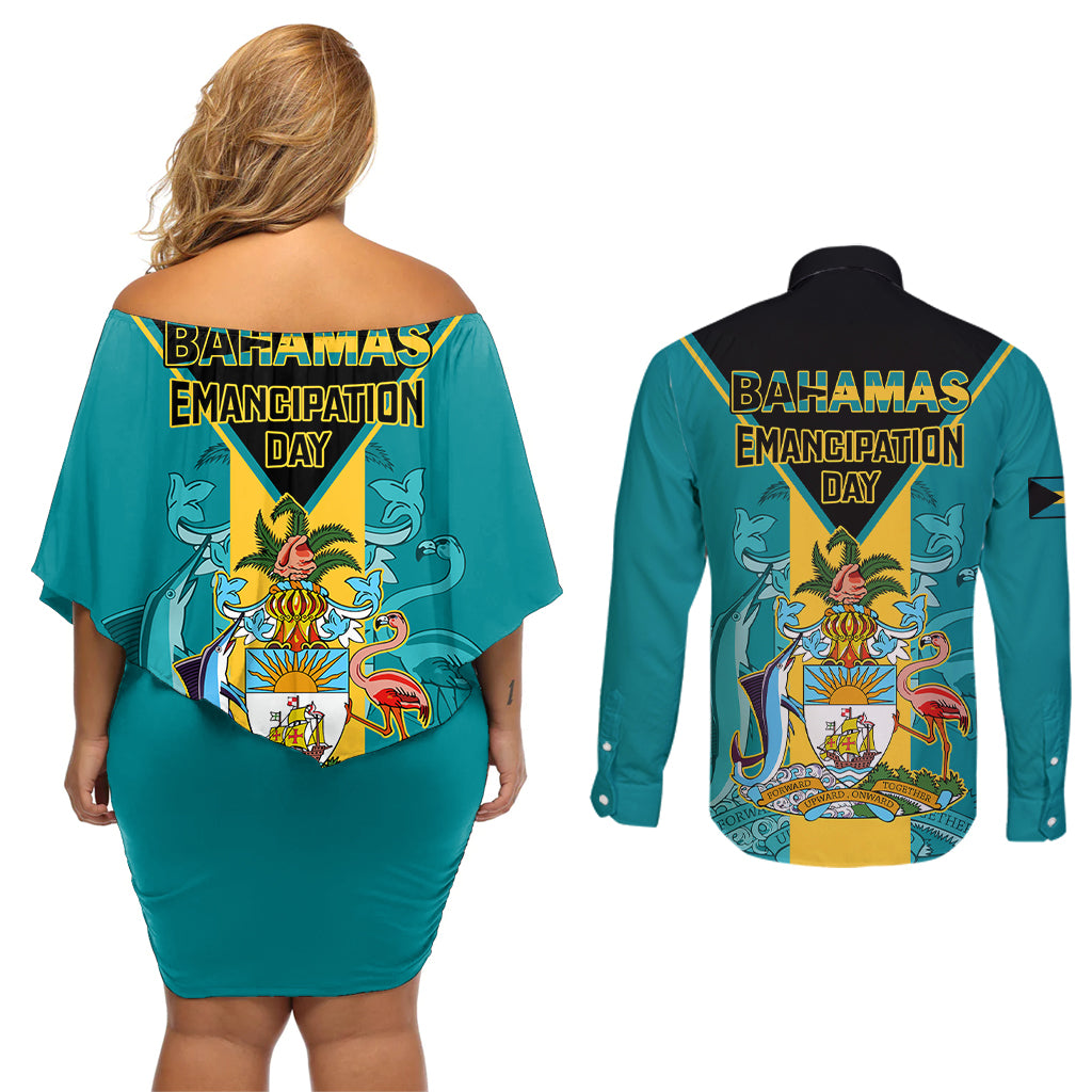 Bahamas Couples Matching Off Shoulder Short Dress and Long Sleeve Button Shirts Happy Bahamian Emancipation Day - Wonder Print Shop