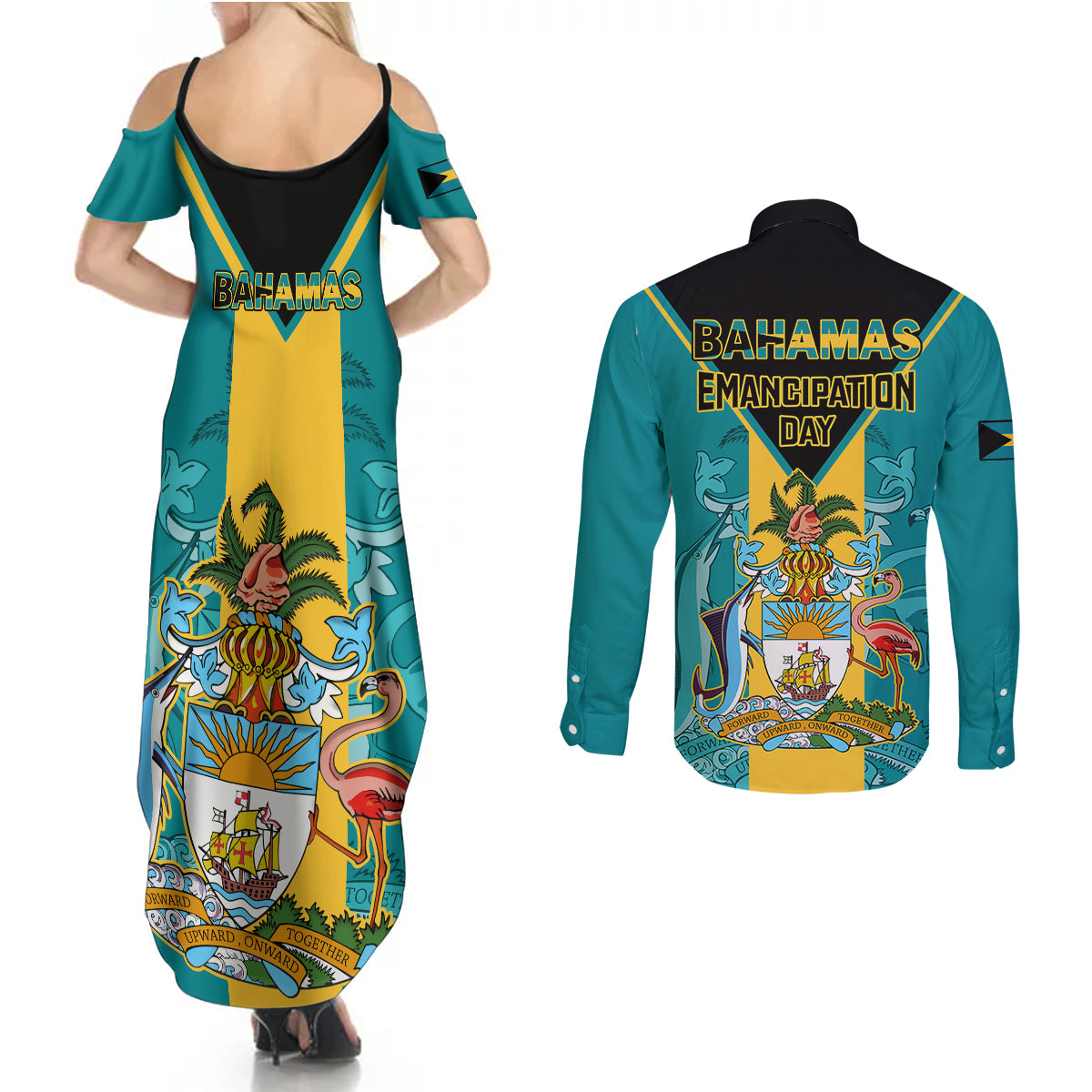 Bahamas Couples Matching Summer Maxi Dress and Long Sleeve Button Shirts Happy Bahamian Emancipation Day - Wonder Print Shop