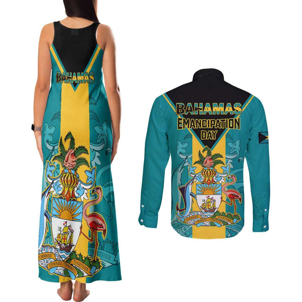 Bahamas Couples Matching Tank Maxi Dress and Long Sleeve Button Shirts Happy Bahamian Emancipation Day - Wonder Print Shop