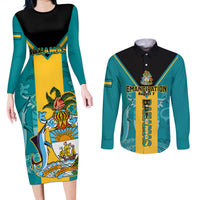 Personalised Bahamas Couples Matching Long Sleeve Bodycon Dress and Long Sleeve Button Shirts Happy Bahamian Emancipation Day - Wonder Print Shop
