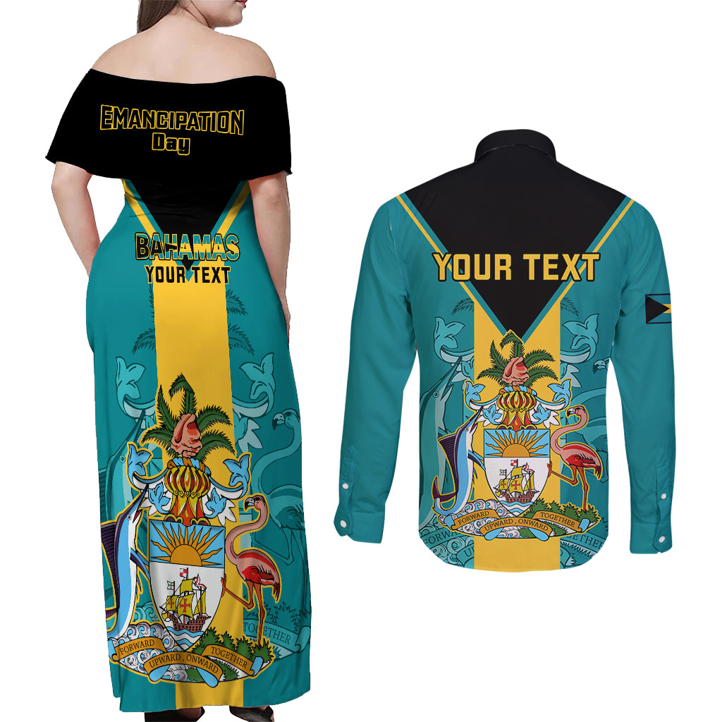 Personalised Bahamas Couples Matching Off Shoulder Maxi Dress and Long Sleeve Button Shirts Happy Bahamian Emancipation Day - Wonder Print Shop
