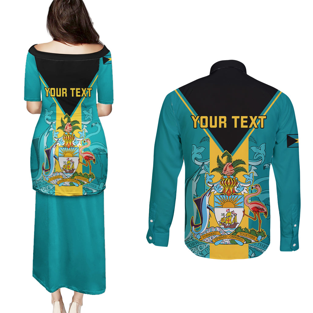 Personalised Bahamas Couples Matching Puletasi Dress and Long Sleeve Button Shirts Happy Bahamian Emancipation Day - Wonder Print Shop