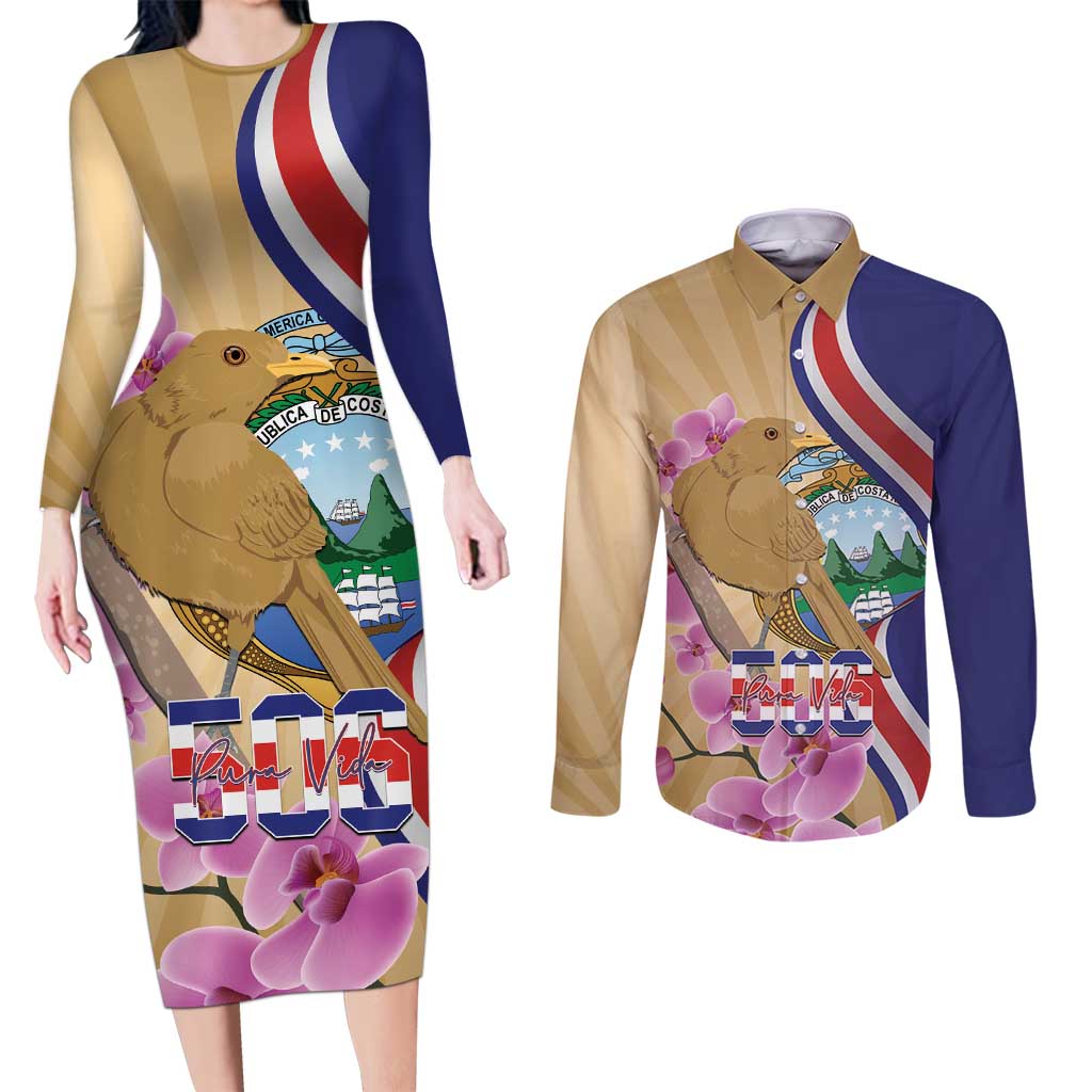 Costa Rica Independence Day Couples Matching Long Sleeve Bodycon Dress and Long Sleeve Button Shirt 506 Proud Yiguirro With Orchid - Wonder Print Shop