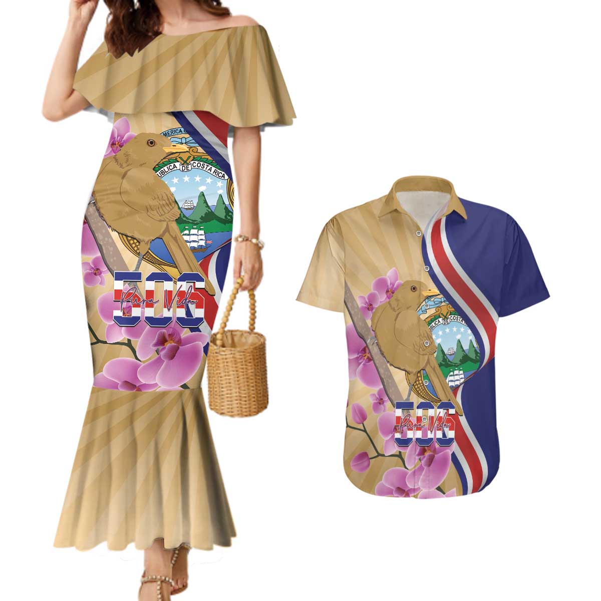 Costa Rica Independence Day Couples Matching Mermaid Dress and Hawaiian Shirt 506 Proud Yiguirro With Orchid - Wonder Print Shop