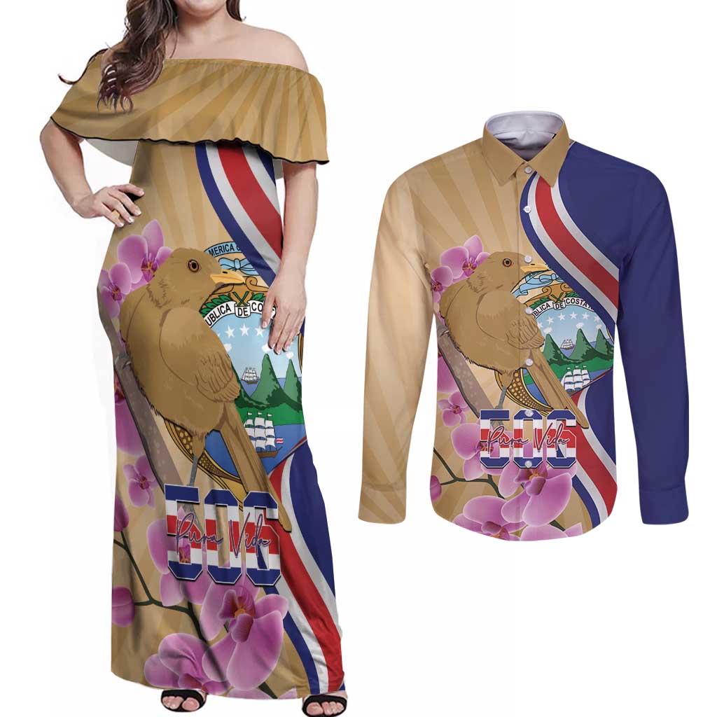 Costa Rica Independence Day Couples Matching Off Shoulder Maxi Dress and Long Sleeve Button Shirt 506 Proud Yiguirro With Orchid - Wonder Print Shop