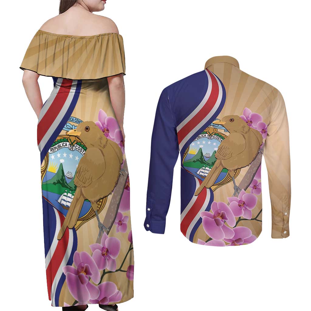 Costa Rica Independence Day Couples Matching Off Shoulder Maxi Dress and Long Sleeve Button Shirt 506 Proud Yiguirro With Orchid - Wonder Print Shop