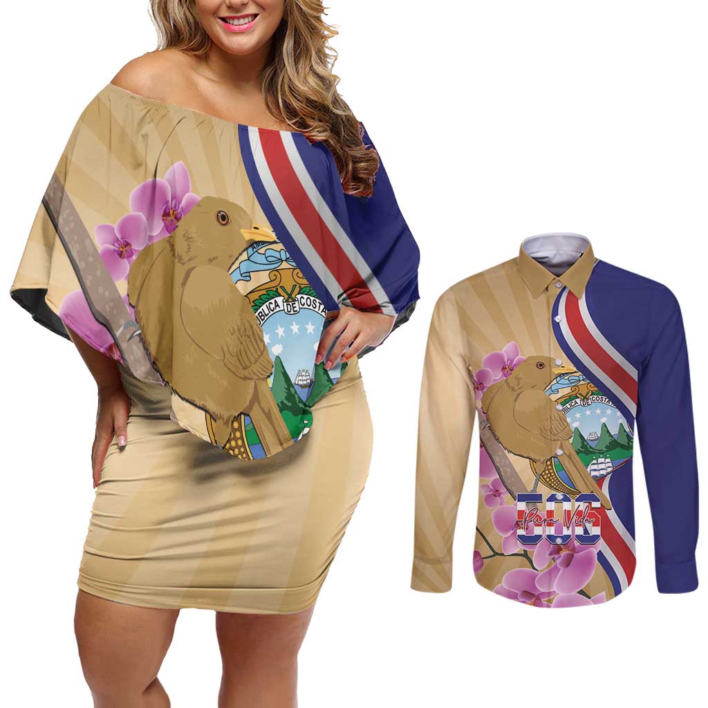 Costa Rica Independence Day Couples Matching Off Shoulder Short Dress and Long Sleeve Button Shirt 506 Proud Yiguirro With Orchid - Wonder Print Shop