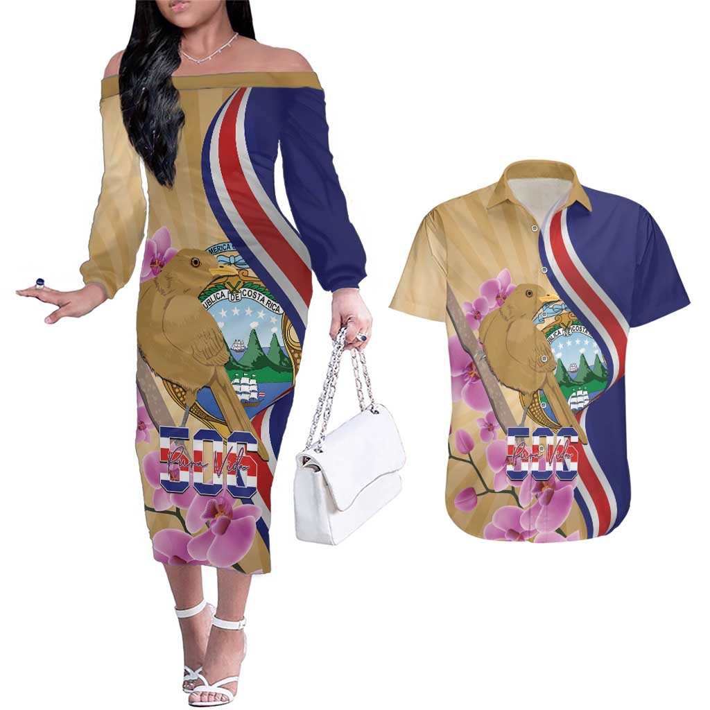 Costa Rica Independence Day Couples Matching Off The Shoulder Long Sleeve Dress and Hawaiian Shirt 506 Proud Yiguirro With Orchid - Wonder Print Shop