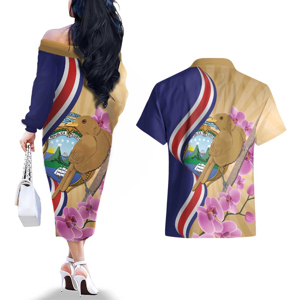 Costa Rica Independence Day Couples Matching Off The Shoulder Long Sleeve Dress and Hawaiian Shirt 506 Proud Yiguirro With Orchid - Wonder Print Shop