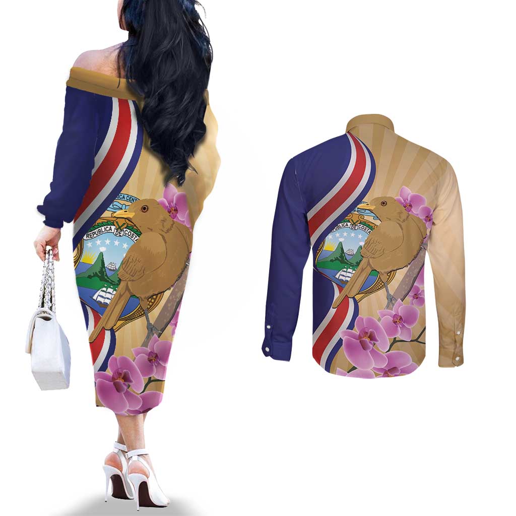 Costa Rica Independence Day Couples Matching Off The Shoulder Long Sleeve Dress and Long Sleeve Button Shirt 506 Proud Yiguirro With Orchid - Wonder Print Shop