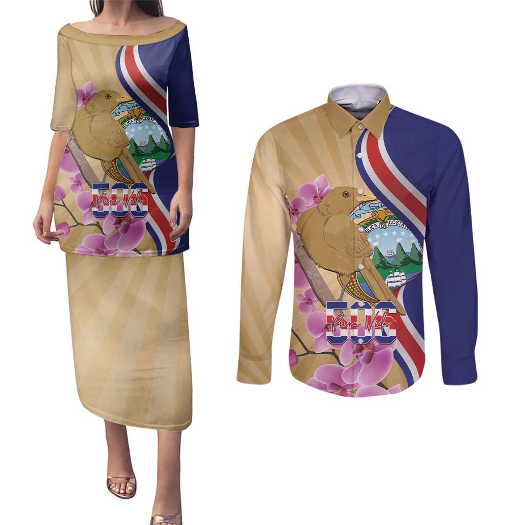 Costa Rica Independence Day Couples Matching Puletasi and Long Sleeve Button Shirt 506 Proud Yiguirro With Orchid - Wonder Print Shop