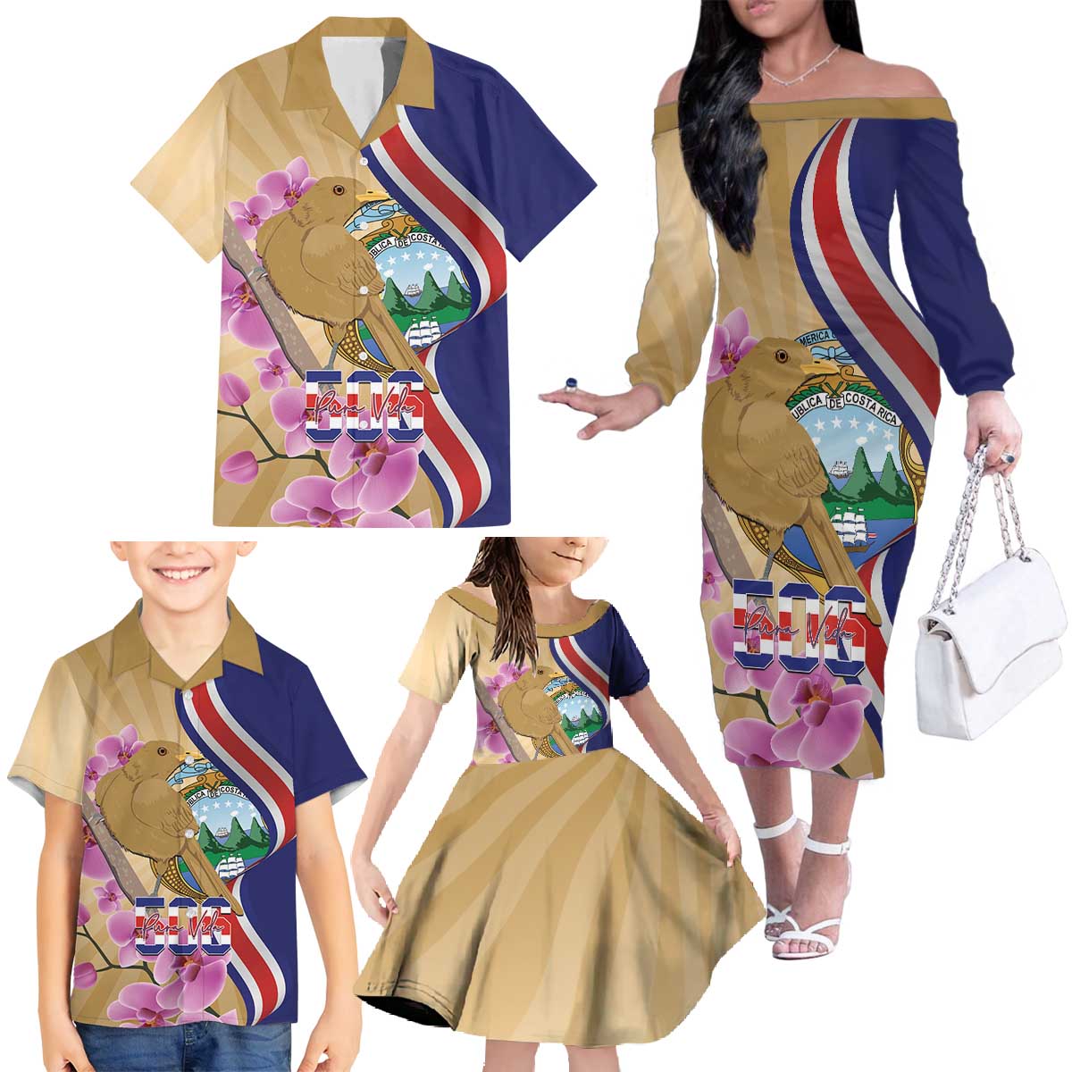 Costa Rica Independence Day Family Matching Off The Shoulder Long Sleeve Dress and Hawaiian Shirt 506 Proud Yiguirro With Orchid - Wonder Print Shop