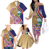 Costa Rica Independence Day Family Matching Off The Shoulder Long Sleeve Dress and Hawaiian Shirt 506 Proud Yiguirro With Orchid - Wonder Print Shop