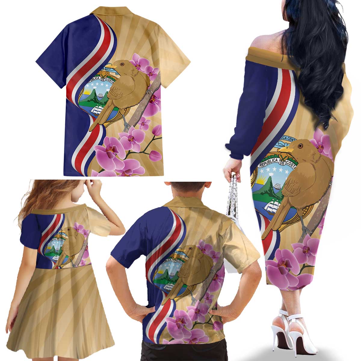 Costa Rica Independence Day Family Matching Off The Shoulder Long Sleeve Dress and Hawaiian Shirt 506 Proud Yiguirro With Orchid - Wonder Print Shop