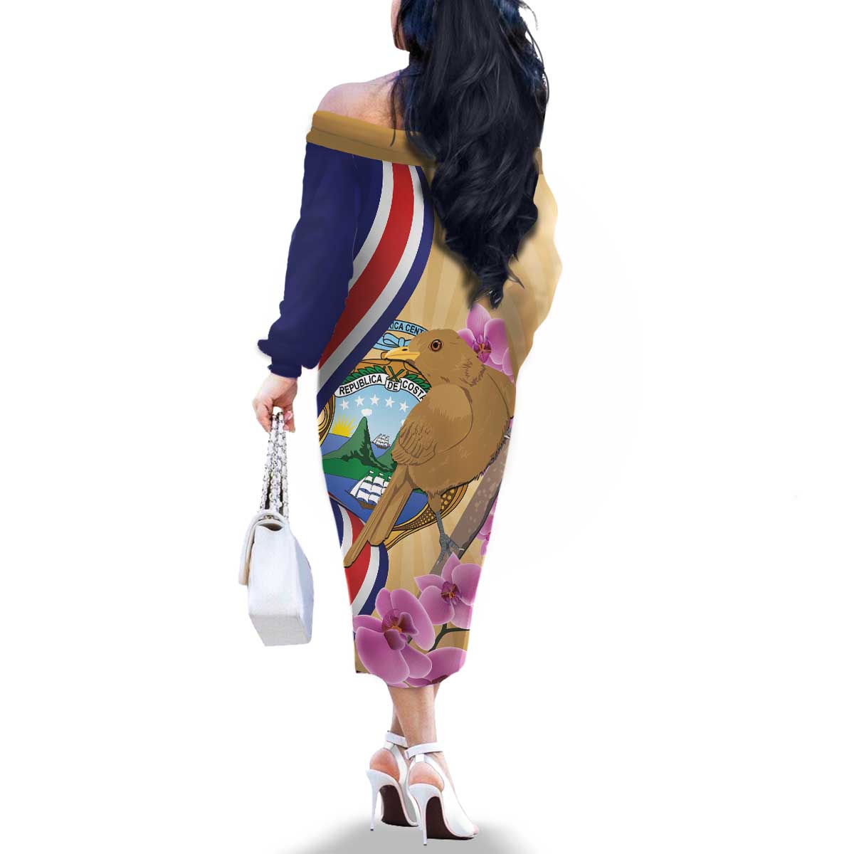 Costa Rica Independence Day Family Matching Off The Shoulder Long Sleeve Dress and Hawaiian Shirt 506 Proud Yiguirro With Orchid - Wonder Print Shop