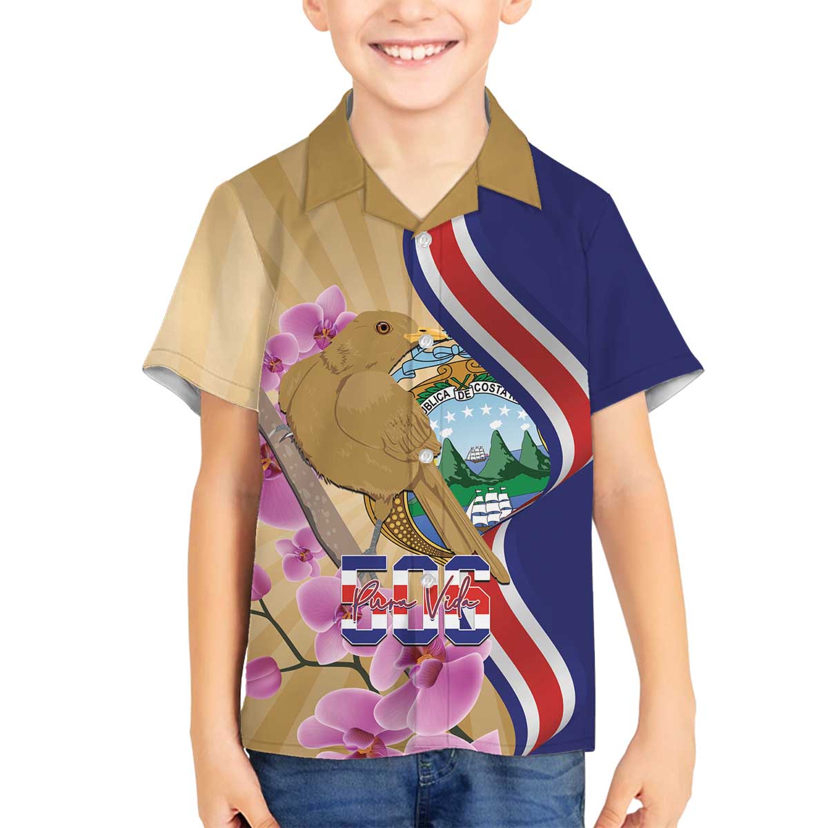Costa Rica Independence Day Family Matching Off The Shoulder Long Sleeve Dress and Hawaiian Shirt 506 Proud Yiguirro With Orchid - Wonder Print Shop