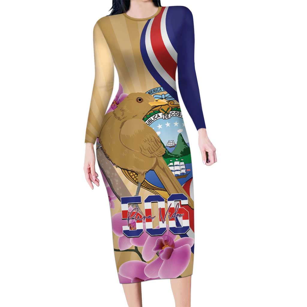 Costa Rica Independence Day Long Sleeve Bodycon Dress 506 Proud Yiguirro With Orchid - Wonder Print Shop