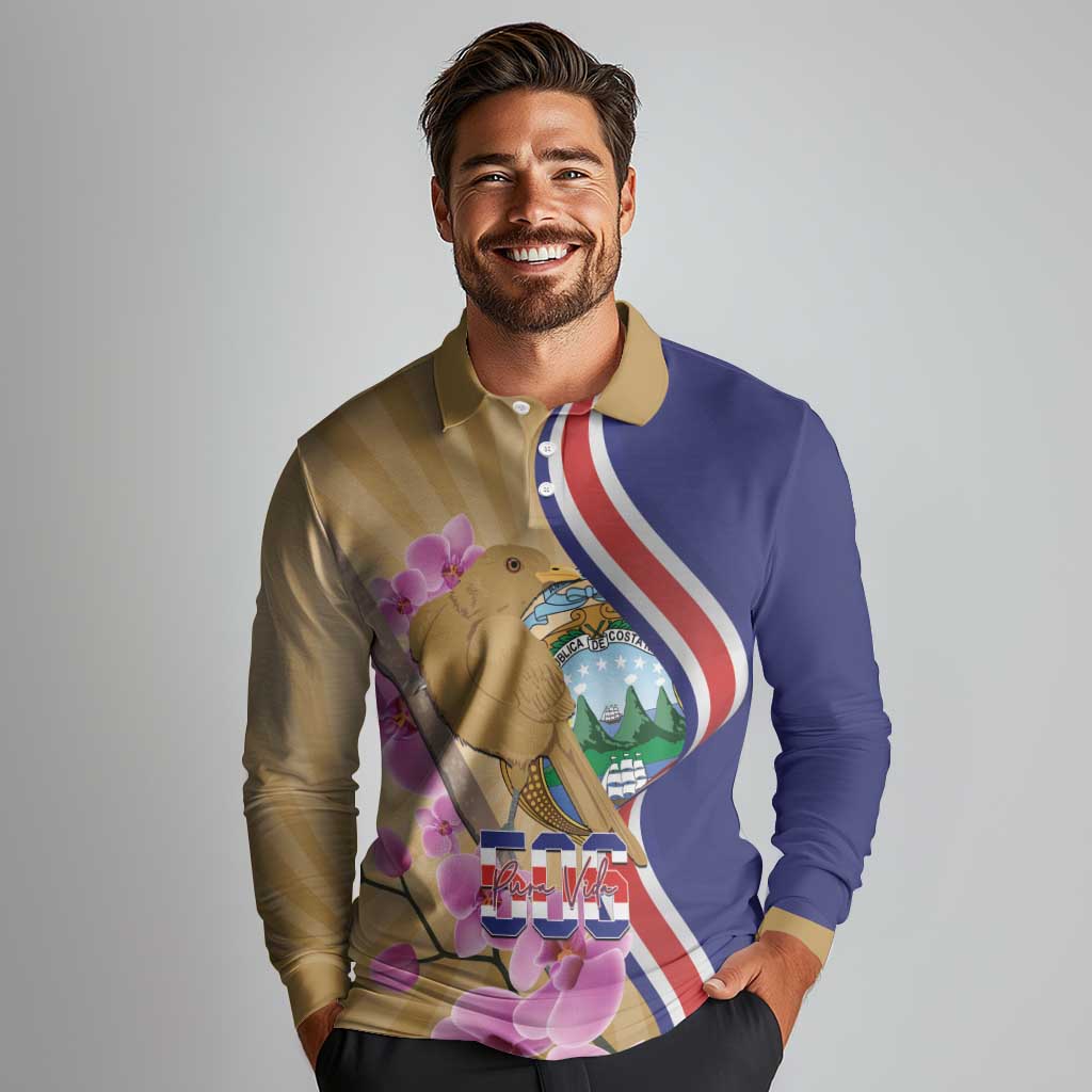 Costa Rica Independence Day Long Sleeve Polo Shirt 506 Proud Yiguirro With Orchid - Wonder Print Shop