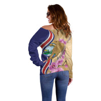Costa Rica Independence Day Off Shoulder Sweater 506 Proud Yiguirro With Orchid - Wonder Print Shop