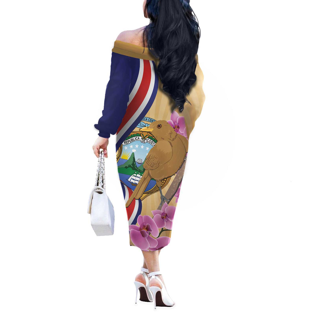 Costa Rica Independence Day Off The Shoulder Long Sleeve Dress 506 Proud Yiguirro With Orchid - Wonder Print Shop