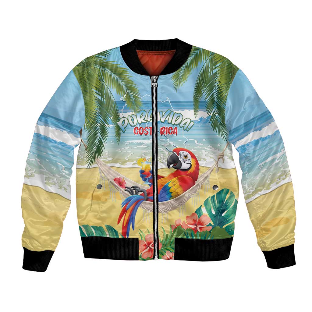 Pura Vida Costa Rica Bomber Jacket Chilling Scarlet Macaw Tropical Vibes - Wonder Print Shop