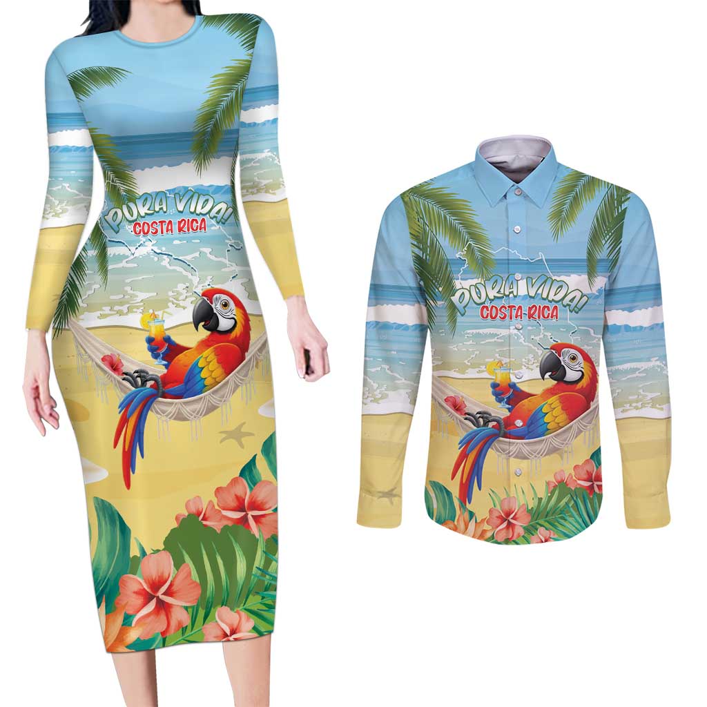 Pura Vida Costa Rica Couples Matching Long Sleeve Bodycon Dress and Long Sleeve Button Shirt Chilling Scarlet Macaw Tropical Vibes - Wonder Print Shop