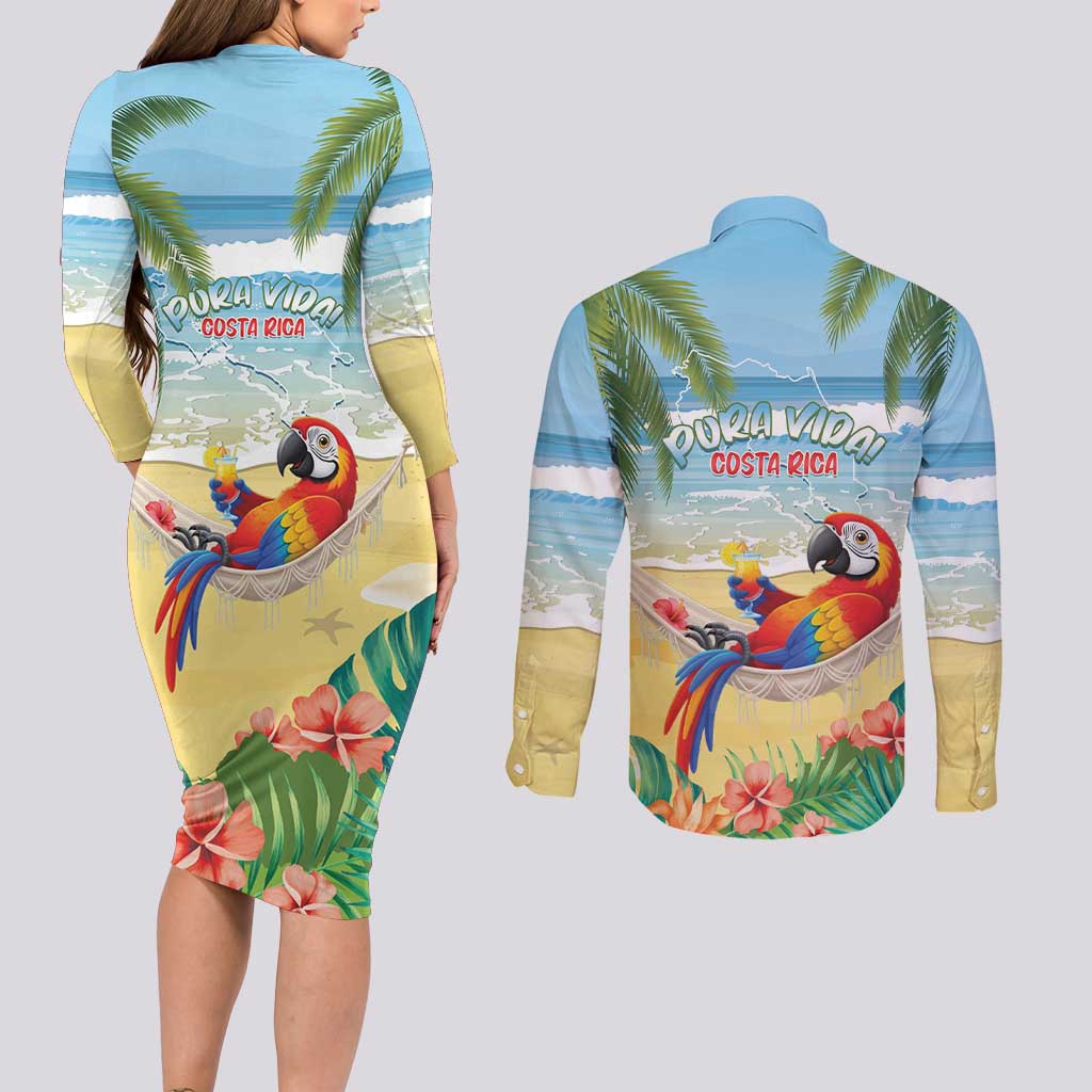Pura Vida Costa Rica Couples Matching Long Sleeve Bodycon Dress and Long Sleeve Button Shirt Chilling Scarlet Macaw Tropical Vibes - Wonder Print Shop