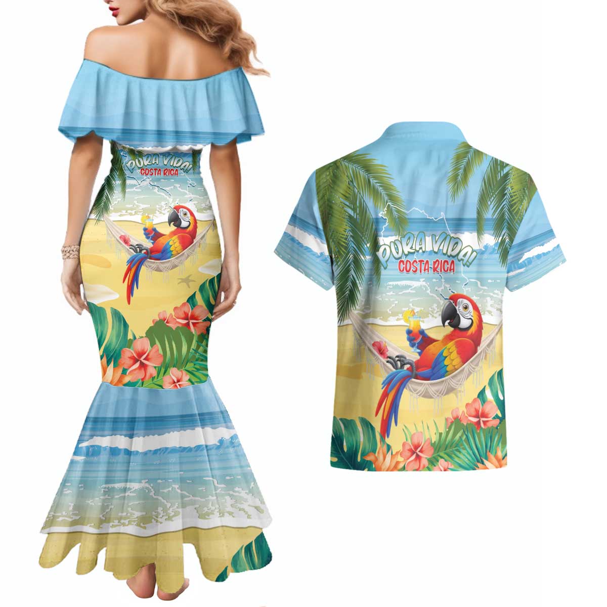 Pura Vida Costa Rica Couples Matching Mermaid Dress and Hawaiian Shirt Chilling Scarlet Macaw Tropical Vibes - Wonder Print Shop
