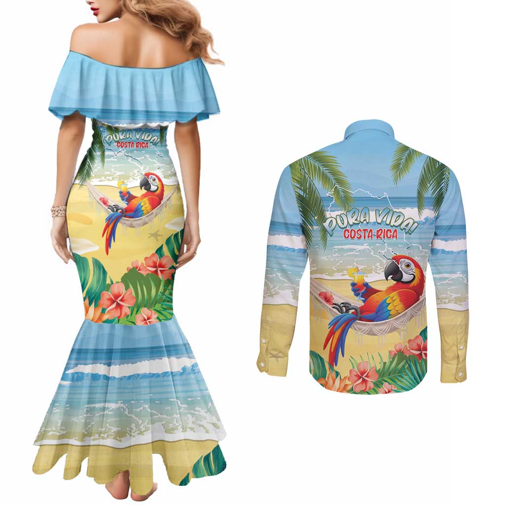 Pura Vida Costa Rica Couples Matching Mermaid Dress and Long Sleeve Button Shirt Chilling Scarlet Macaw Tropical Vibes - Wonder Print Shop
