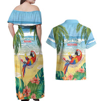 Pura Vida Costa Rica Couples Matching Off Shoulder Maxi Dress and Hawaiian Shirt Chilling Scarlet Macaw Tropical Vibes - Wonder Print Shop
