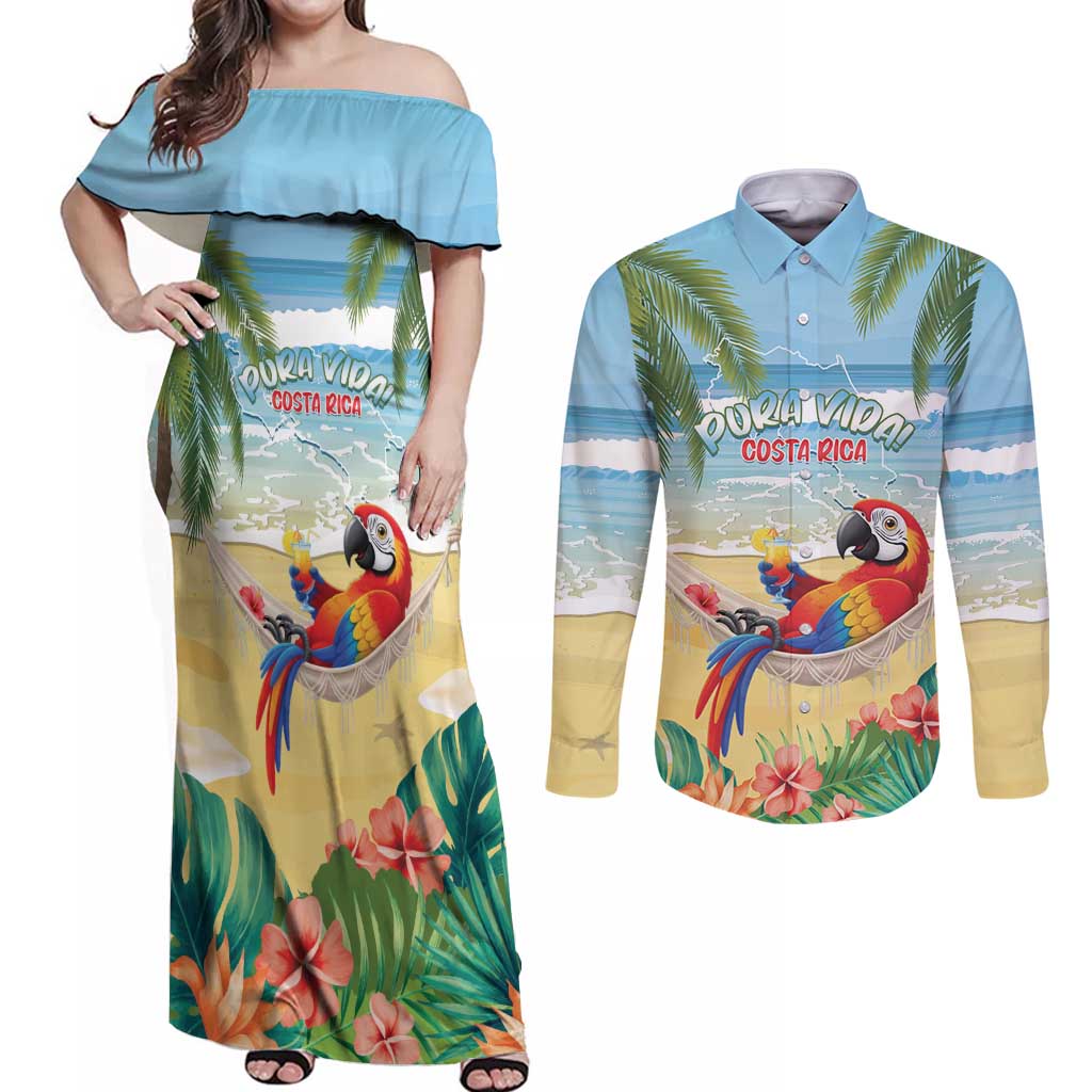 Pura Vida Costa Rica Couples Matching Off Shoulder Maxi Dress and Long Sleeve Button Shirt Chilling Scarlet Macaw Tropical Vibes - Wonder Print Shop