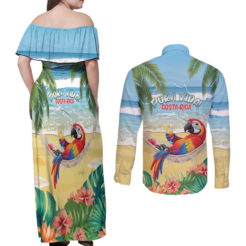 Pura Vida Costa Rica Couples Matching Off Shoulder Maxi Dress and Long Sleeve Button Shirt Chilling Scarlet Macaw Tropical Vibes - Wonder Print Shop