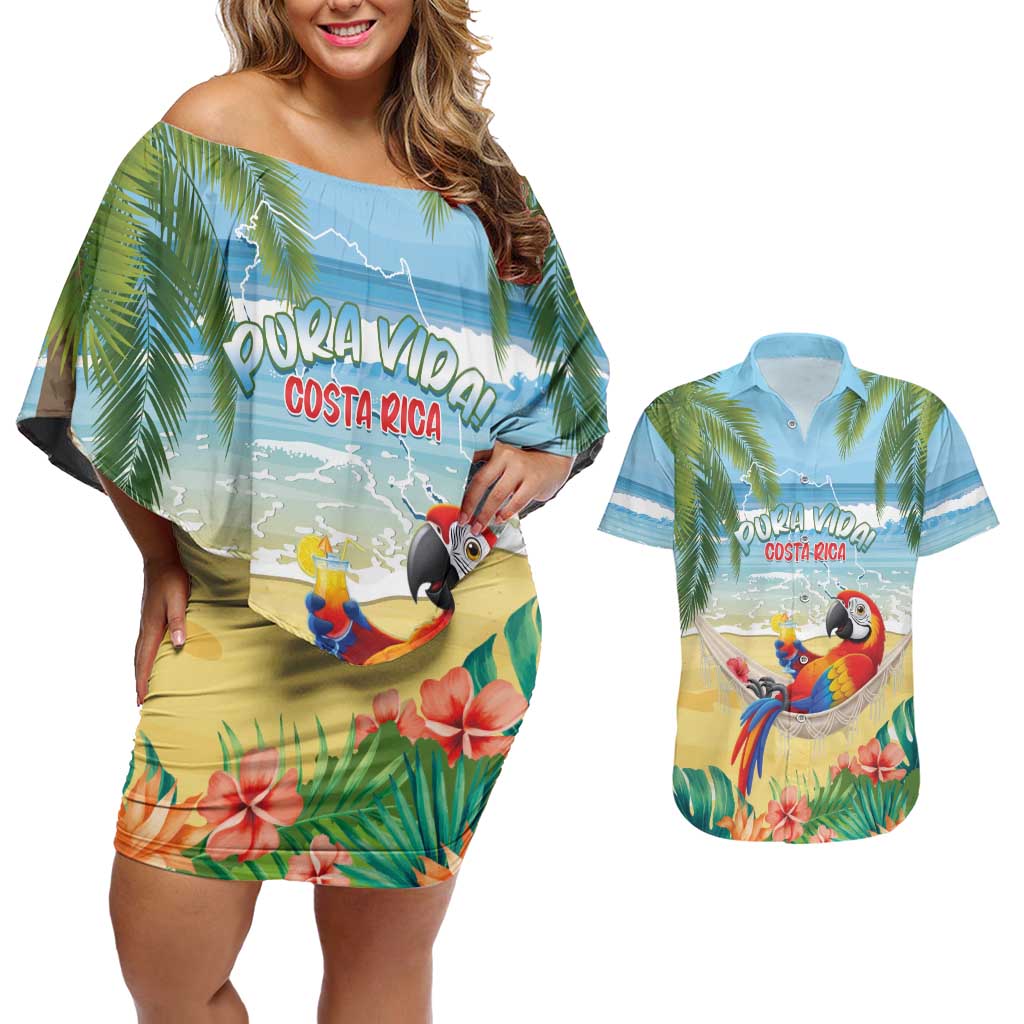 Pura Vida Costa Rica Couples Matching Off Shoulder Short Dress and Hawaiian Shirt Chilling Scarlet Macaw Tropical Vibes - Wonder Print Shop