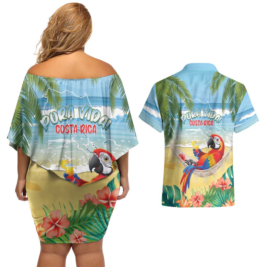 Pura Vida Costa Rica Couples Matching Off Shoulder Short Dress and Hawaiian Shirt Chilling Scarlet Macaw Tropical Vibes - Wonder Print Shop