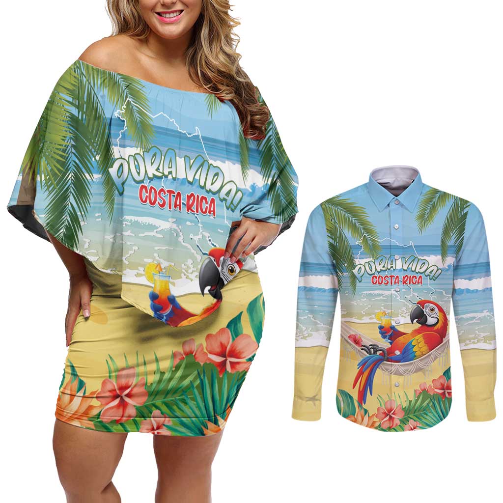 Pura Vida Costa Rica Couples Matching Off Shoulder Short Dress and Long Sleeve Button Shirt Chilling Scarlet Macaw Tropical Vibes - Wonder Print Shop