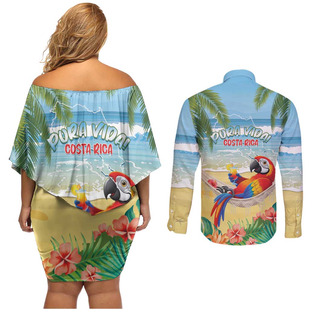 Pura Vida Costa Rica Couples Matching Off Shoulder Short Dress and Long Sleeve Button Shirt Chilling Scarlet Macaw Tropical Vibes - Wonder Print Shop
