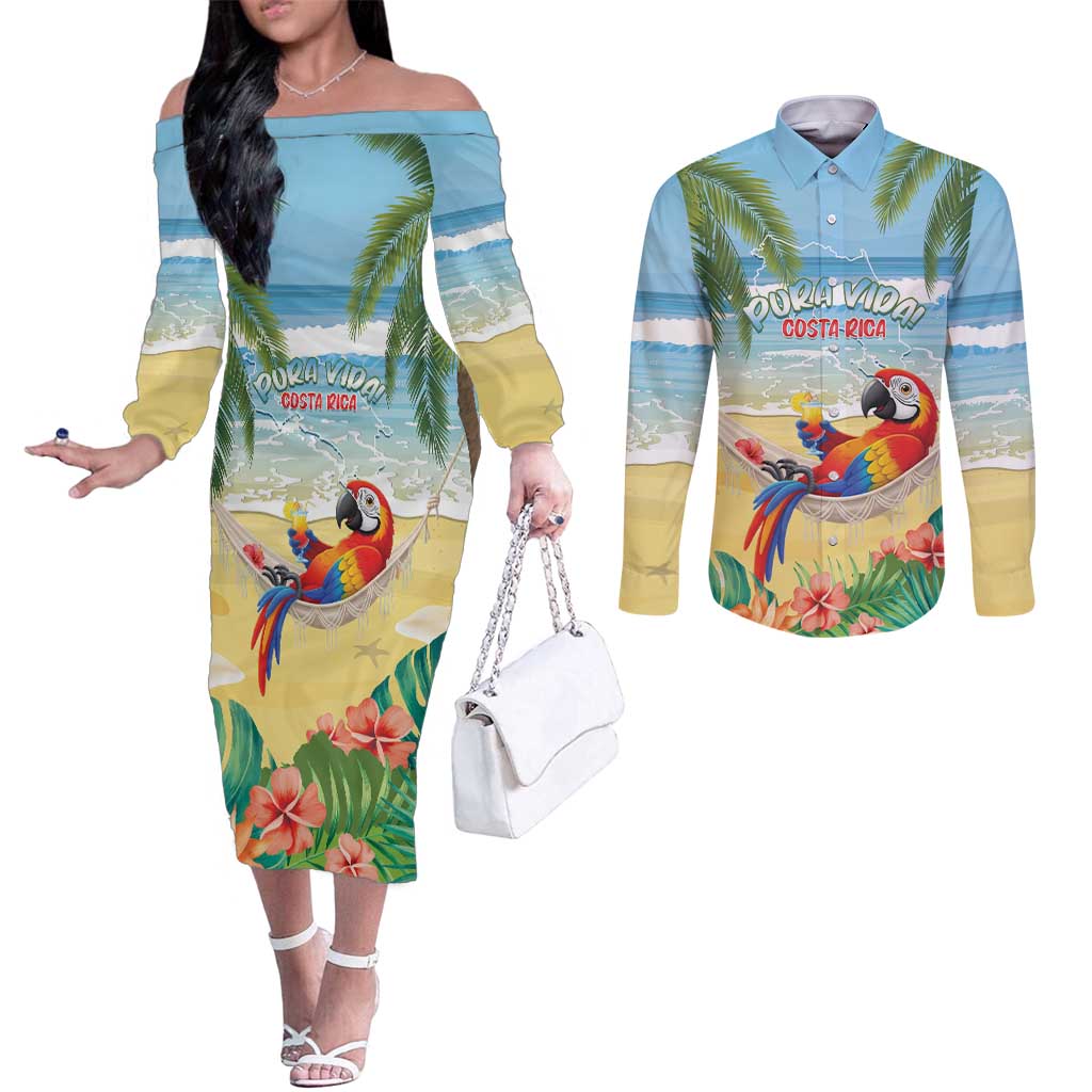Pura Vida Costa Rica Couples Matching Off The Shoulder Long Sleeve Dress and Long Sleeve Button Shirt Chilling Scarlet Macaw Tropical Vibes - Wonder Print Shop