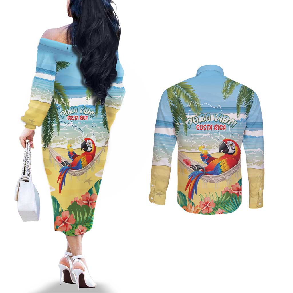 Pura Vida Costa Rica Couples Matching Off The Shoulder Long Sleeve Dress and Long Sleeve Button Shirt Chilling Scarlet Macaw Tropical Vibes - Wonder Print Shop