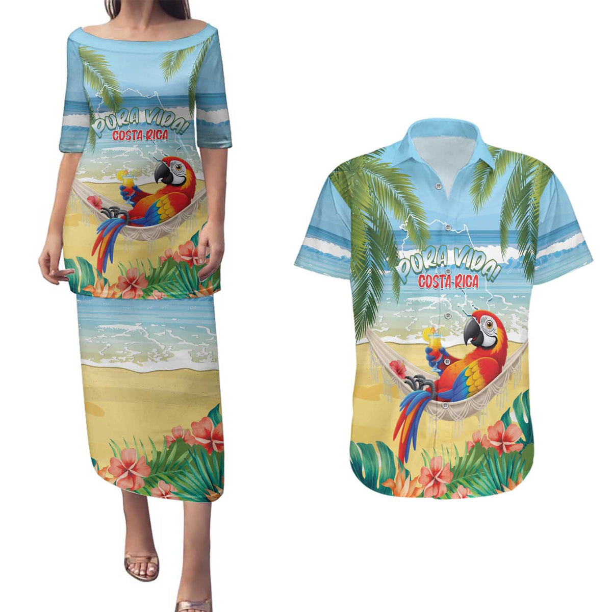 Pura Vida Costa Rica Couples Matching Puletasi and Hawaiian Shirt Chilling Scarlet Macaw Tropical Vibes - Wonder Print Shop