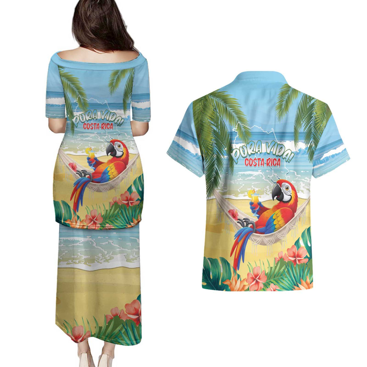 Pura Vida Costa Rica Couples Matching Puletasi and Hawaiian Shirt Chilling Scarlet Macaw Tropical Vibes - Wonder Print Shop