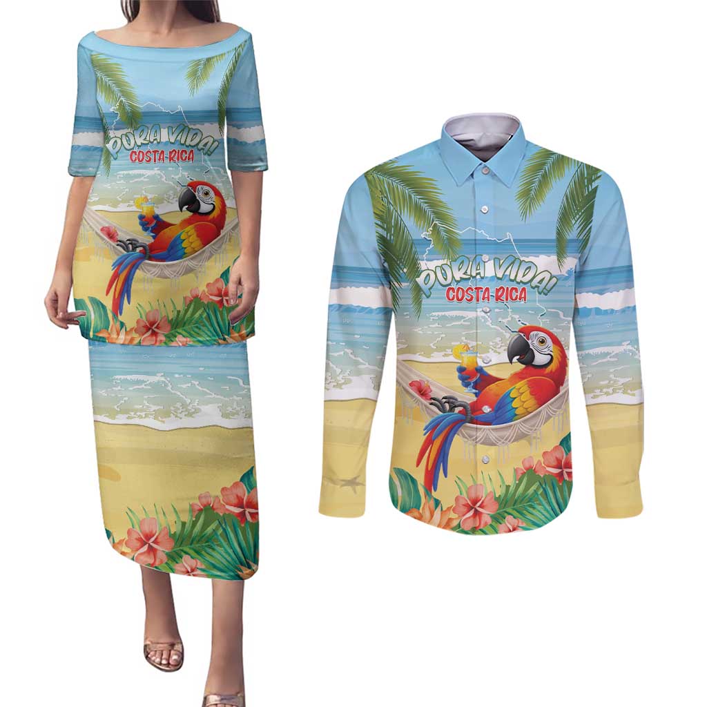 Pura Vida Costa Rica Couples Matching Puletasi and Long Sleeve Button Shirt Chilling Scarlet Macaw Tropical Vibes - Wonder Print Shop
