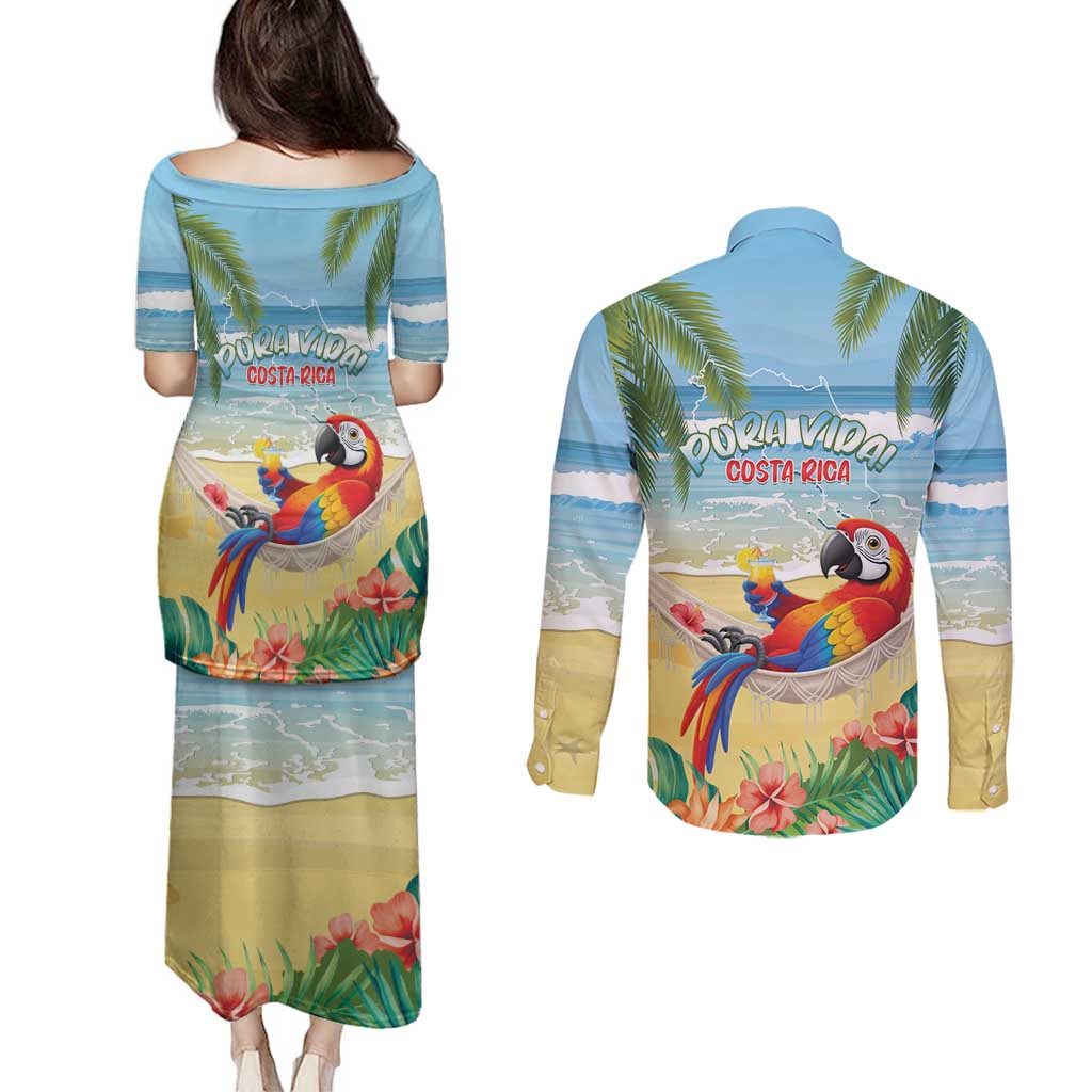 Pura Vida Costa Rica Couples Matching Puletasi and Long Sleeve Button Shirt Chilling Scarlet Macaw Tropical Vibes - Wonder Print Shop