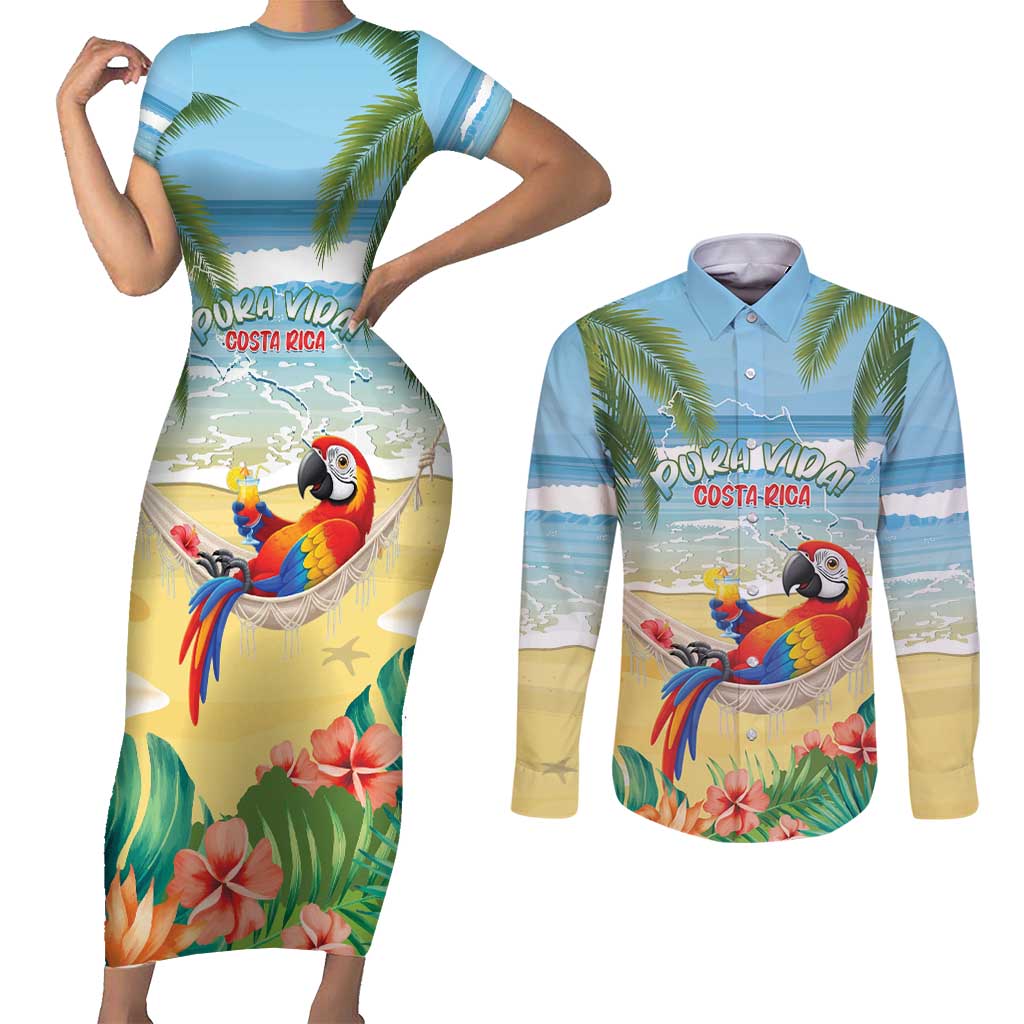Pura Vida Costa Rica Couples Matching Short Sleeve Bodycon Dress and Long Sleeve Button Shirt Chilling Scarlet Macaw Tropical Vibes - Wonder Print Shop