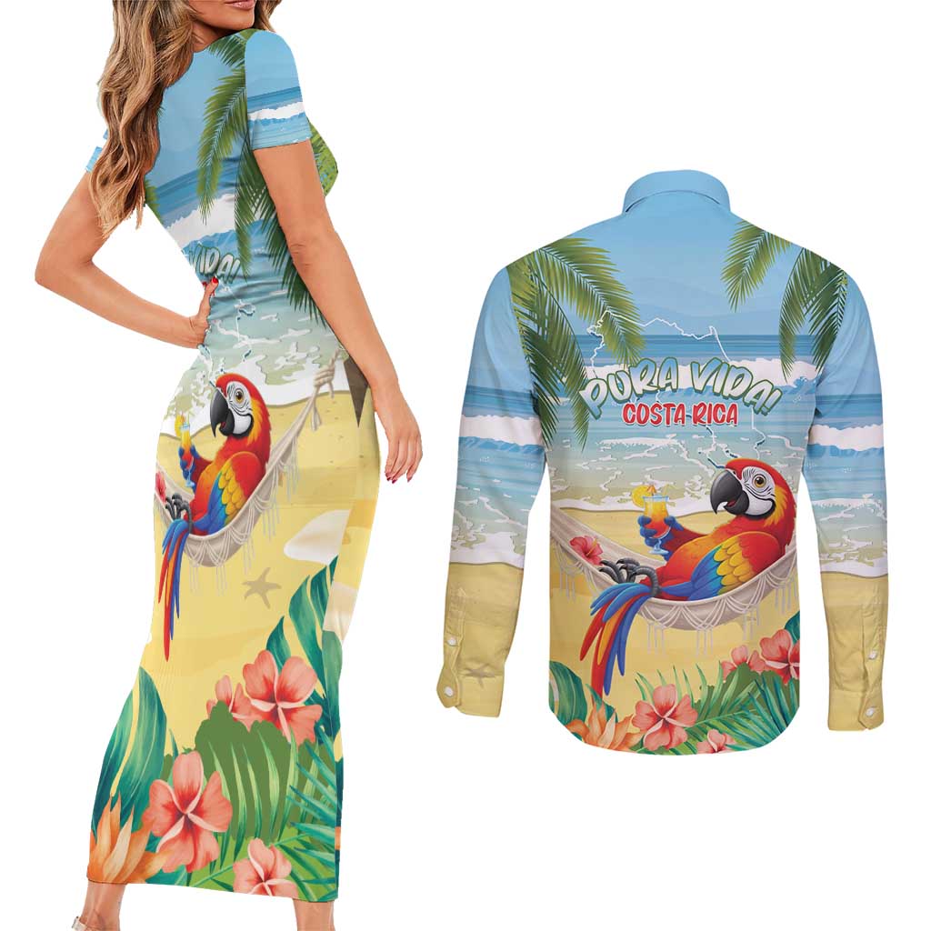 Pura Vida Costa Rica Couples Matching Short Sleeve Bodycon Dress and Long Sleeve Button Shirt Chilling Scarlet Macaw Tropical Vibes - Wonder Print Shop