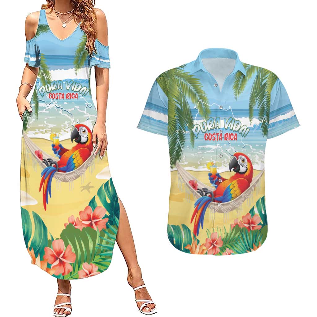 Pura Vida Costa Rica Couples Matching Summer Maxi Dress and Hawaiian Shirt Chilling Scarlet Macaw Tropical Vibes - Wonder Print Shop