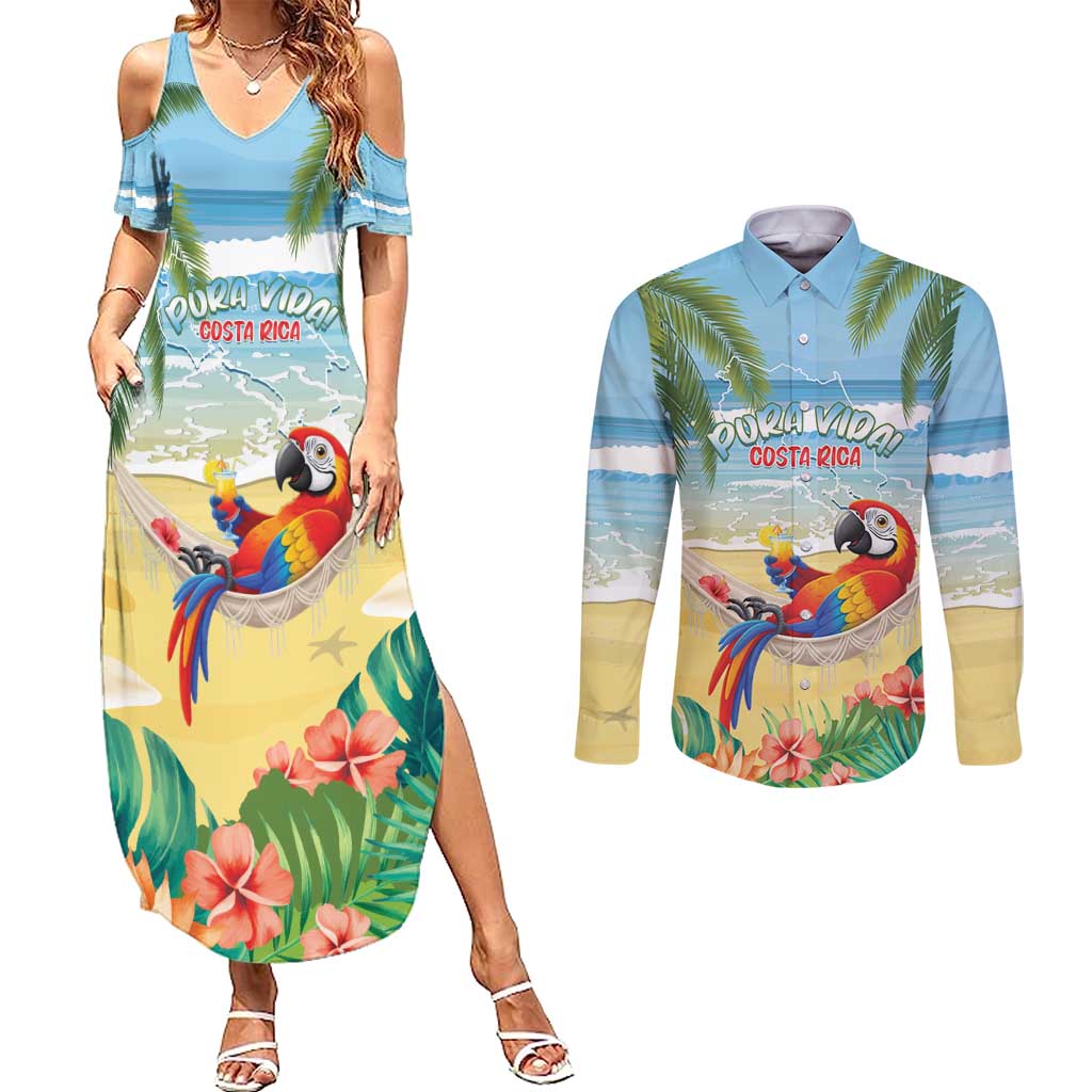 Pura Vida Costa Rica Couples Matching Summer Maxi Dress and Long Sleeve Button Shirt Chilling Scarlet Macaw Tropical Vibes - Wonder Print Shop